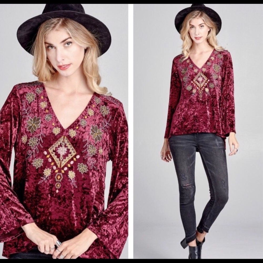 3/$30 Cranberry Bohemian Crushed Velvet Top - Picture 3 of 8